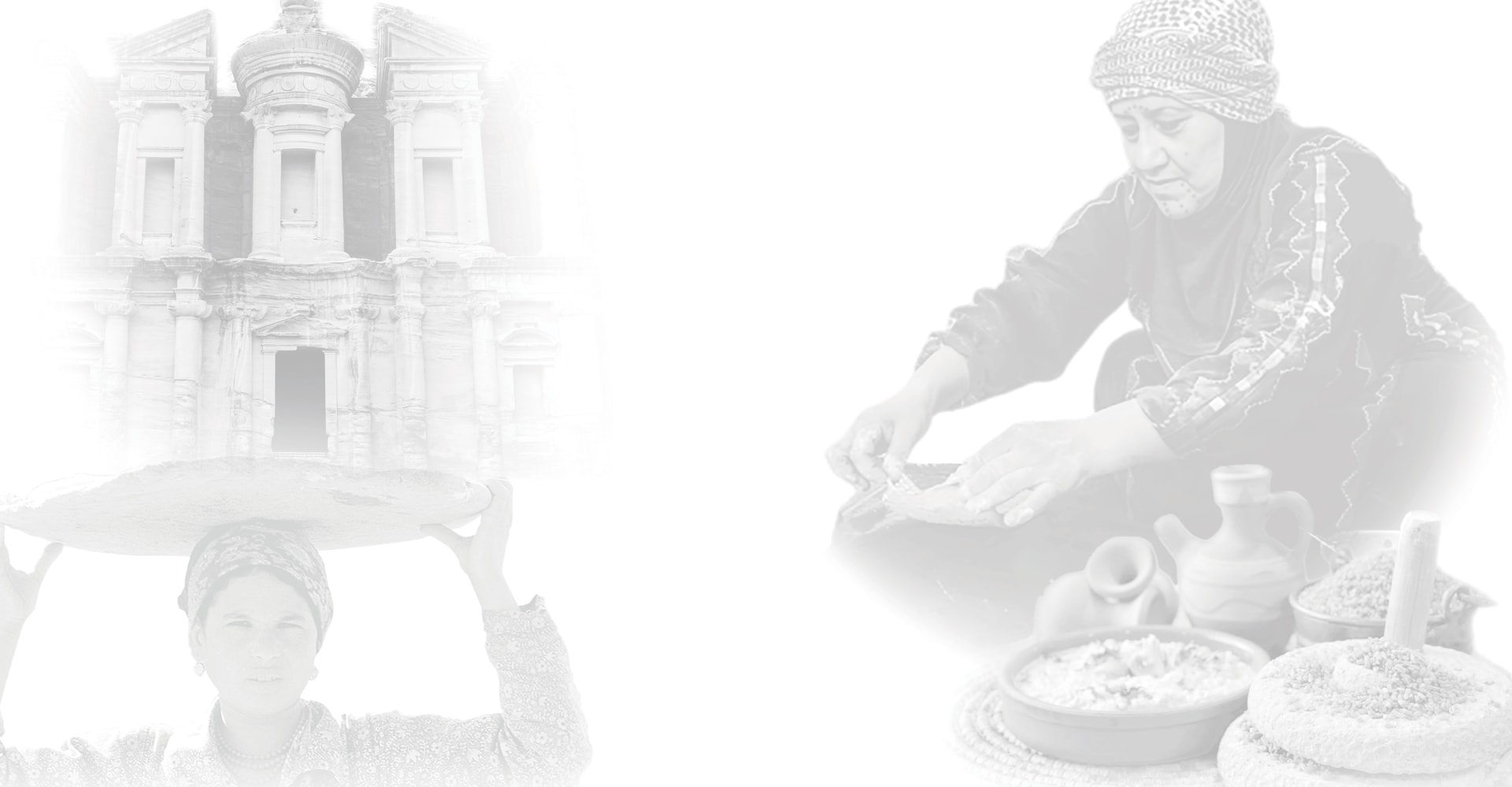 Jordanian heritage — the Treasury at Petra, a woman carrying a tray, and traditional bread baking